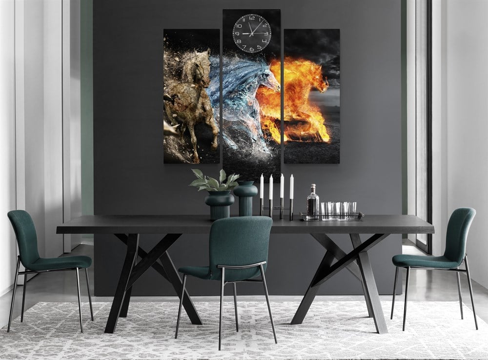 Atlı 3 Element Temalı Toprak Su Ateş Saatli Kanvas Tablo