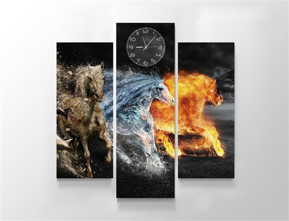 Atlı 3 Element Temalı Toprak Su Ateş Saatli Kanvas Tablo