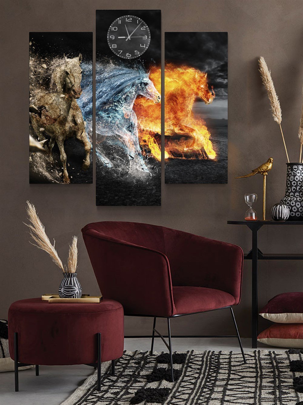 Atlı 3 Element Temalı Toprak Su Ateş Saatli Kanvas Tablo