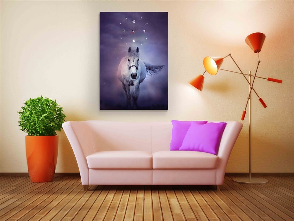 Beyaz Atlı Saatli Tek Parça Kanvas Tablo
