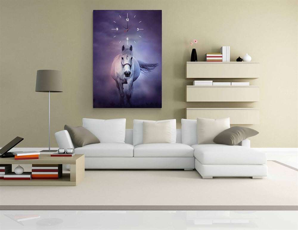 Beyaz Atlı Saatli Tek Parça Kanvas Tablo