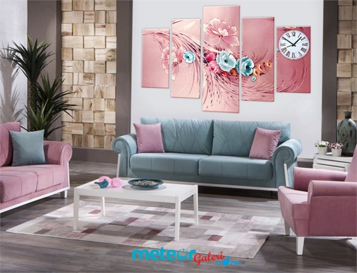 Modern Pembe Mavi Çiçek Desenli Saatli Kanvas Tablo