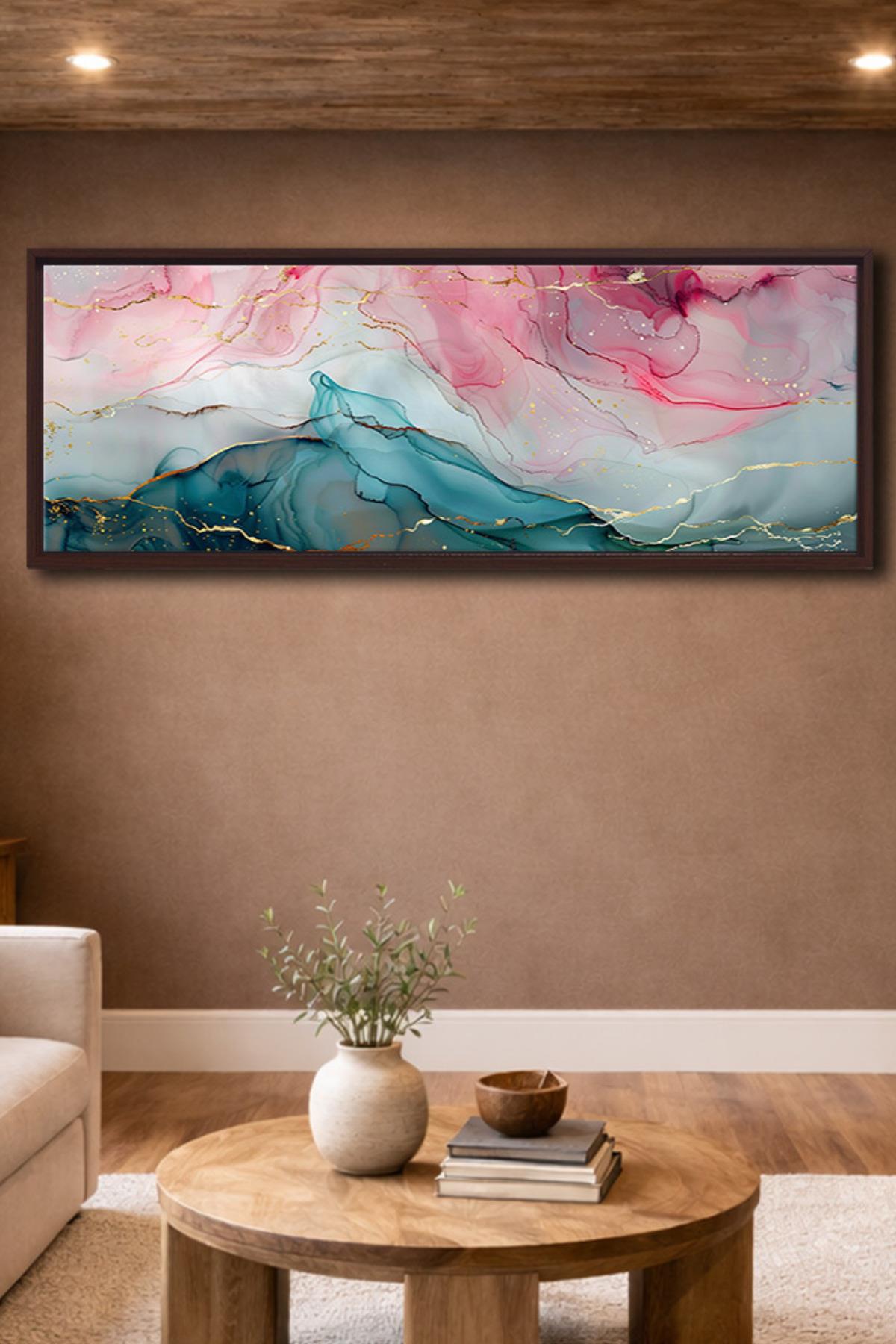 Çerçeveli Fluid Art Pembe–Teal Panorama Soyut Kanvas Tablo | Altın Damarlı Dekoratif Duvar | 6 Çerçeve Rengi | 400 gr Pamuklu Kanvas Duvar Dekoru