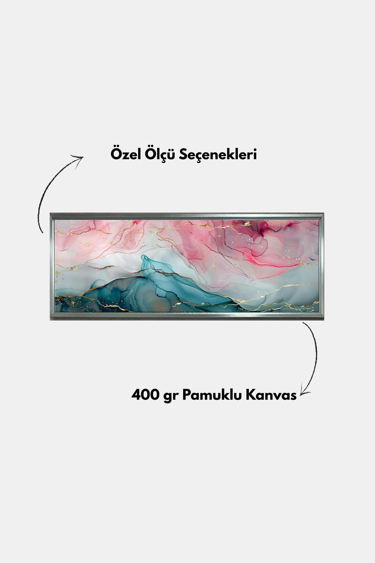 Çerçeveli Fluid Art Pembe–Teal Panorama Soyut Kanvas Tablo | Altın Damarlı Dekoratif Duvar | 6 Çerçeve Rengi | 400 gr Pamuklu Kanvas Duvar Dekoru