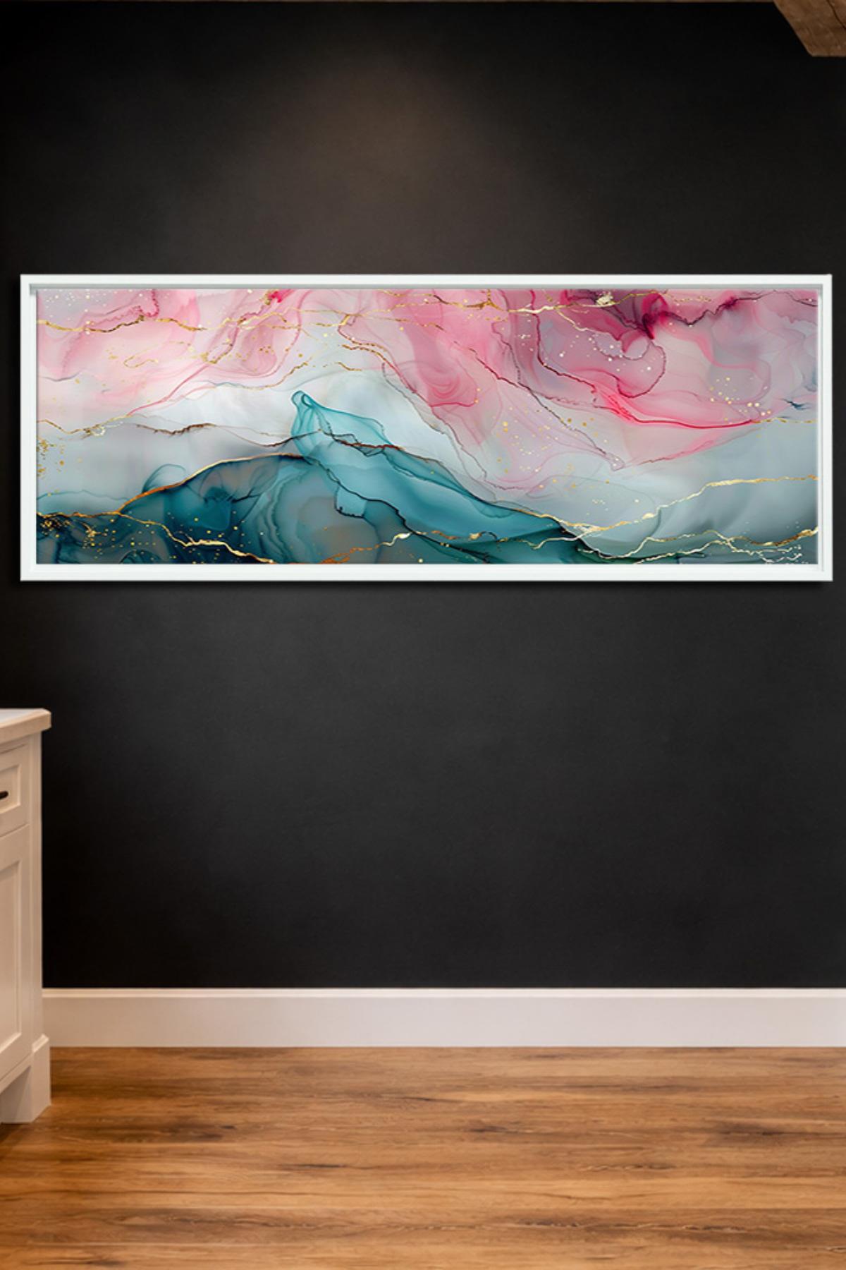 Çerçeveli Fluid Art Pembe–Teal Panorama Soyut Kanvas Tablo | Altın Damarlı Dekoratif Duvar | 6 Çerçeve Rengi | 400 gr Pamuklu Kanvas Duvar Dekoru