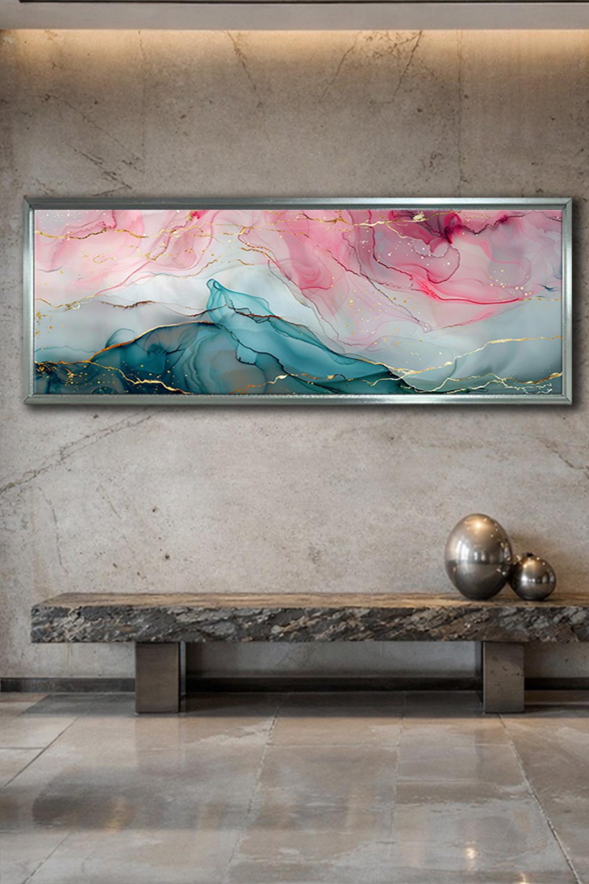 Çerçeveli Fluid Art Pembe–Teal Panorama Soyut Kanvas Tablo | Altın Damarlı Dekoratif Duvar | 6 Çerçeve Rengi | 400 gr Pamuklu Kanvas Duvar Dekoru