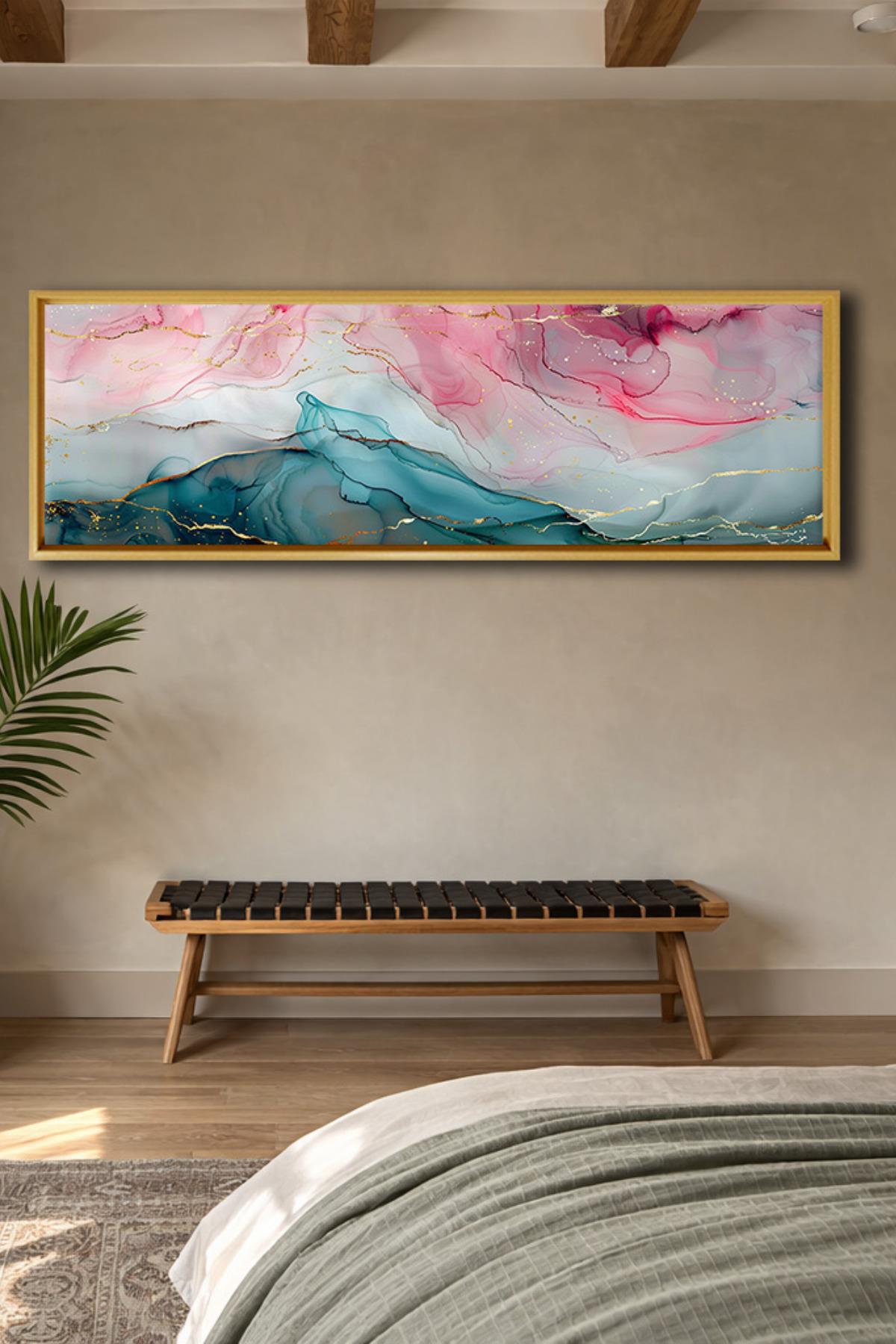 Çerçeveli Fluid Art Pembe–Teal Panorama Soyut Kanvas Tablo | Altın Damarlı Dekoratif Duvar | 6 Çerçeve Rengi | 400 gr Pamuklu Kanvas Duvar Dekoru