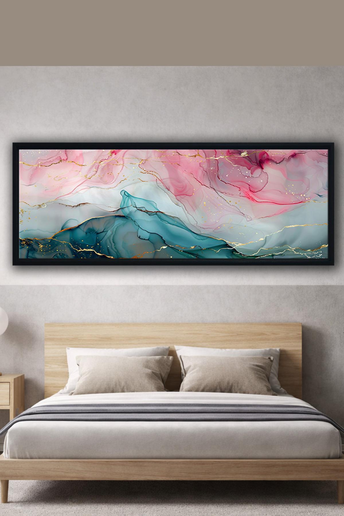 Çerçeveli Fluid Art Pembe–Teal Panorama Soyut Kanvas Tablo | Altın Damarlı Dekoratif Duvar | 6 Çerçeve Rengi | 400 gr Pamuklu Kanvas Duvar Dekoru