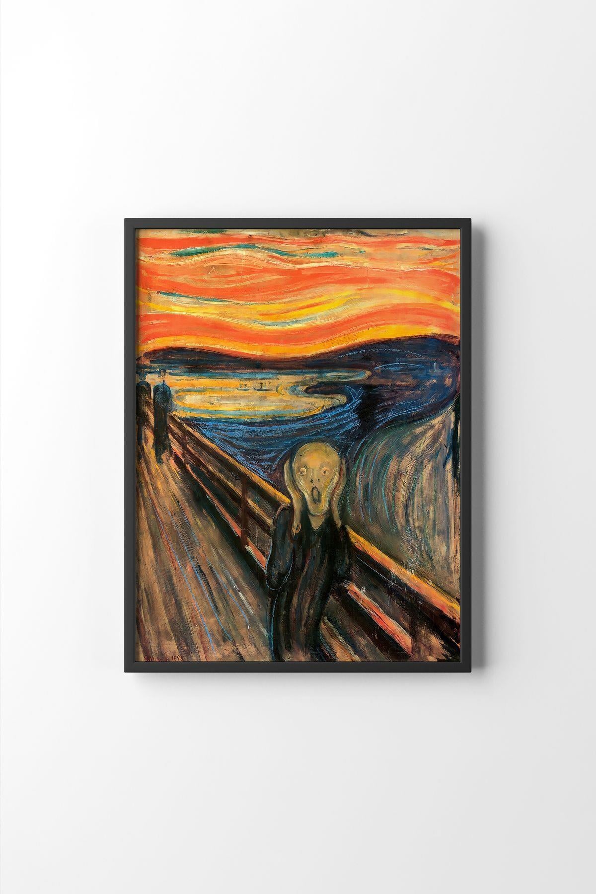 Çığlık Tablosu - Edvard Munch Ekspresyonist Ünlü Eser İkonik Sanat İllüstrasyonu Çerçeveli Duvar Tablosu – Beyaz Çerçeve
