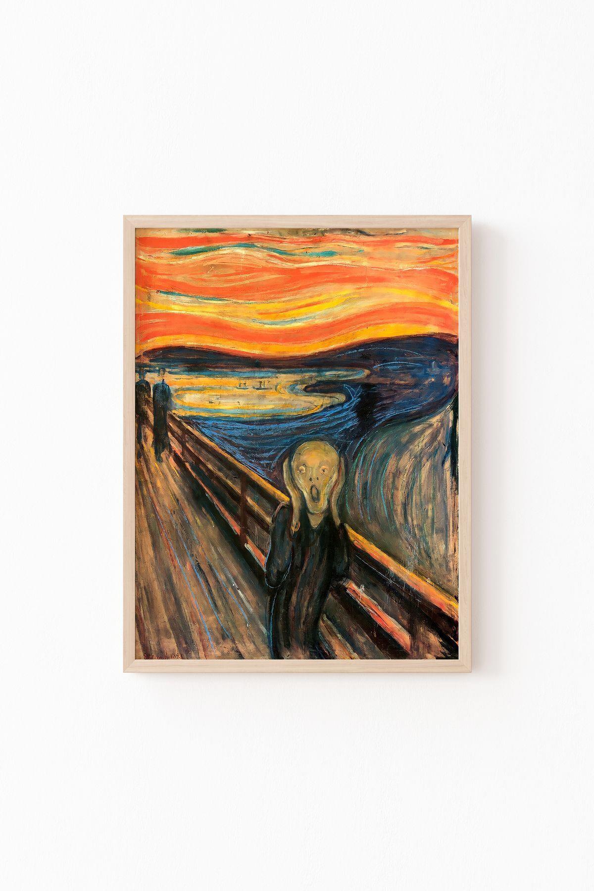 Çığlık Tablosu - Edvard Munch Ekspresyonist Ünlü Eser İkonik Sanat İllüstrasyonu Çerçeveli Duvar Tablosu – Beyaz Çerçeve