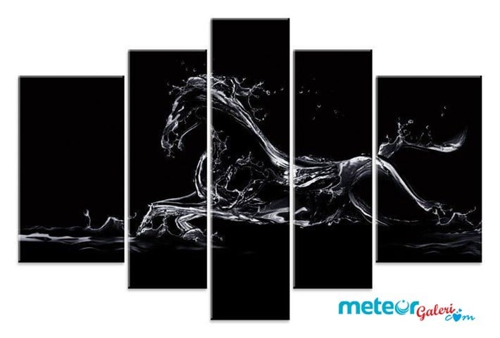 Su Damlacıklarıyla Koşan At 5 Parça Kanvas Tablo