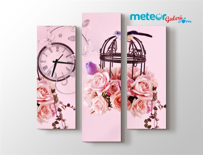 Güllü Kafesli, Saatli Kanvas Tablo