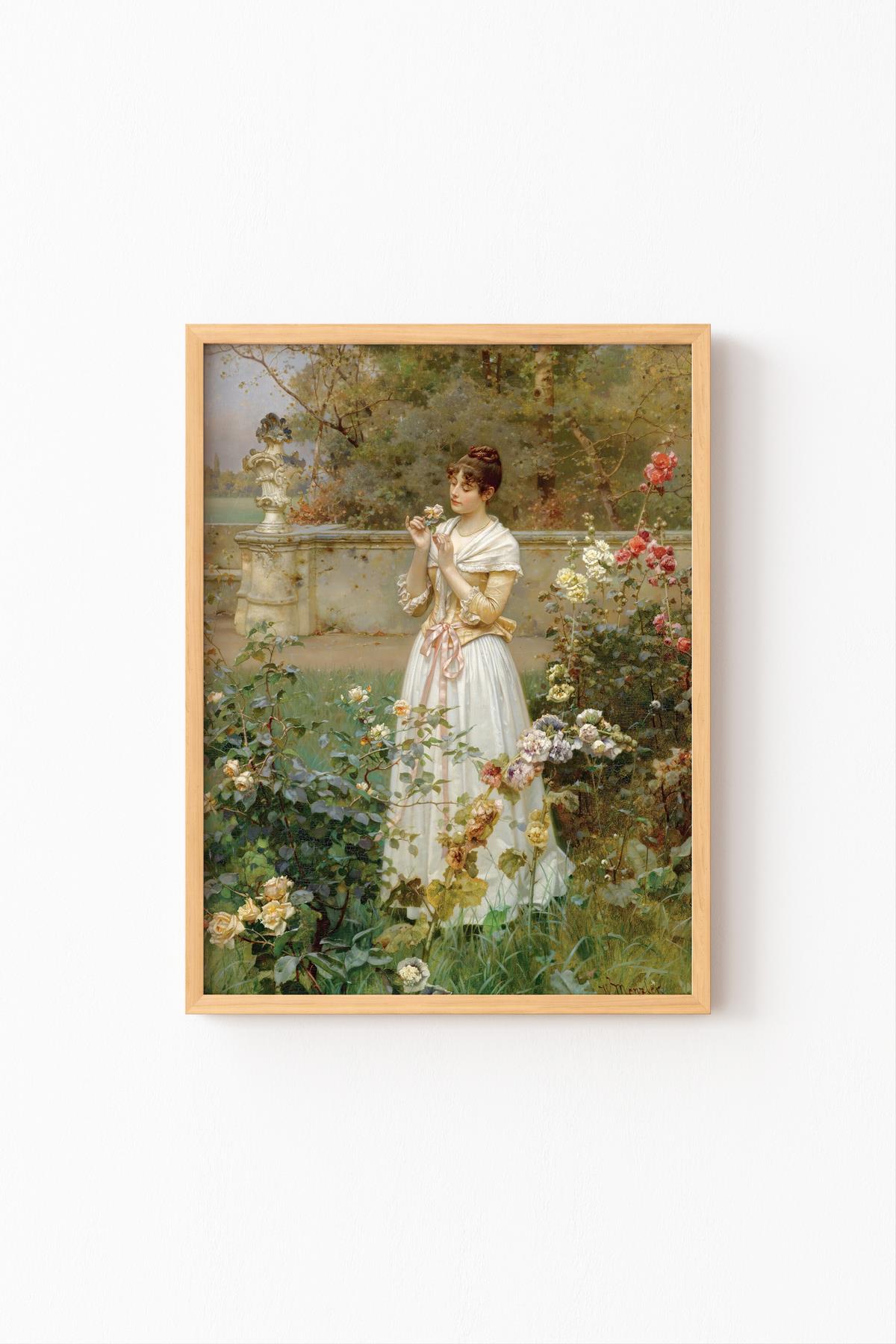 Güllerin Gülü Gül Bahçesi Kadın Figürü Romantik Klasik Tablo Vintage Çiçek Motifli Çerçeveli Duvar Dekoru – Siyah Çerçeve