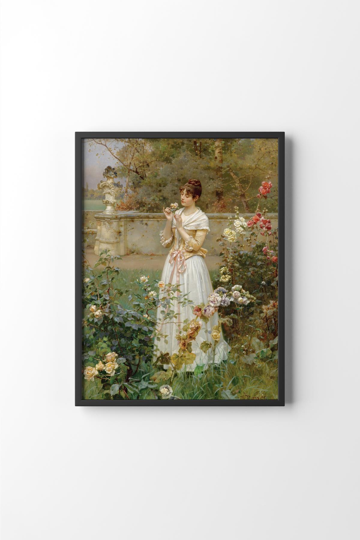 Güllerin Gülü Gül Bahçesi Kadın Figürü Romantik Klasik Tablo Vintage Çiçek Motifli Çerçeveli Duvar Dekoru – Siyah Çerçeve
