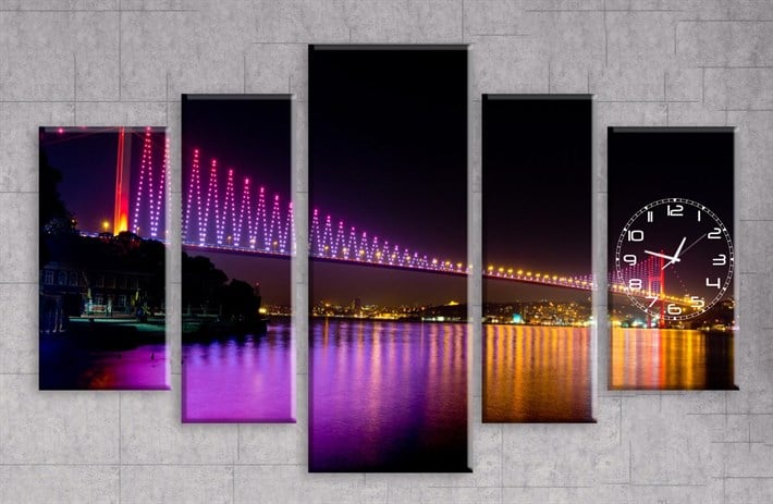 İstanbul Boğaz Köprüsü Saatli Rengarenk Kanvas Tablo
