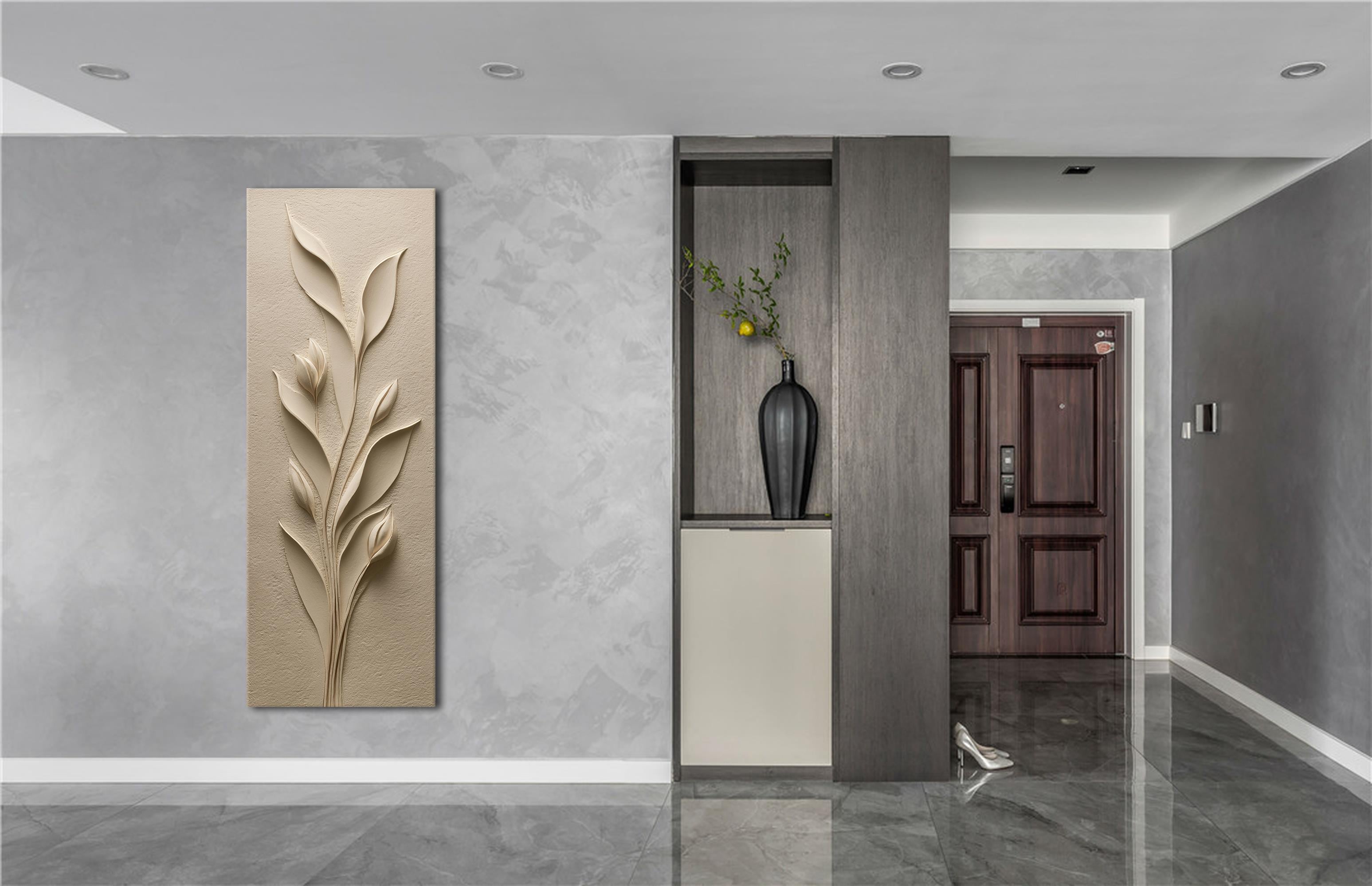 Kabartma Bitki Desenli Bej Kanvas Tablo, Doğal Tonlarda Minimalist Duvar Dekoru