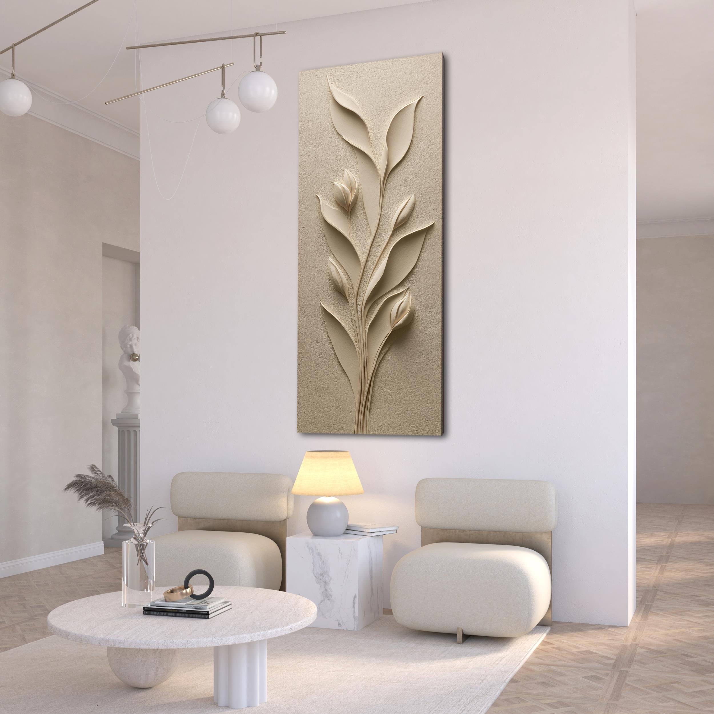 Kabartma Bitki Desenli Bej Kanvas Tablo, Doğal Tonlarda Minimalist Duvar Dekoru