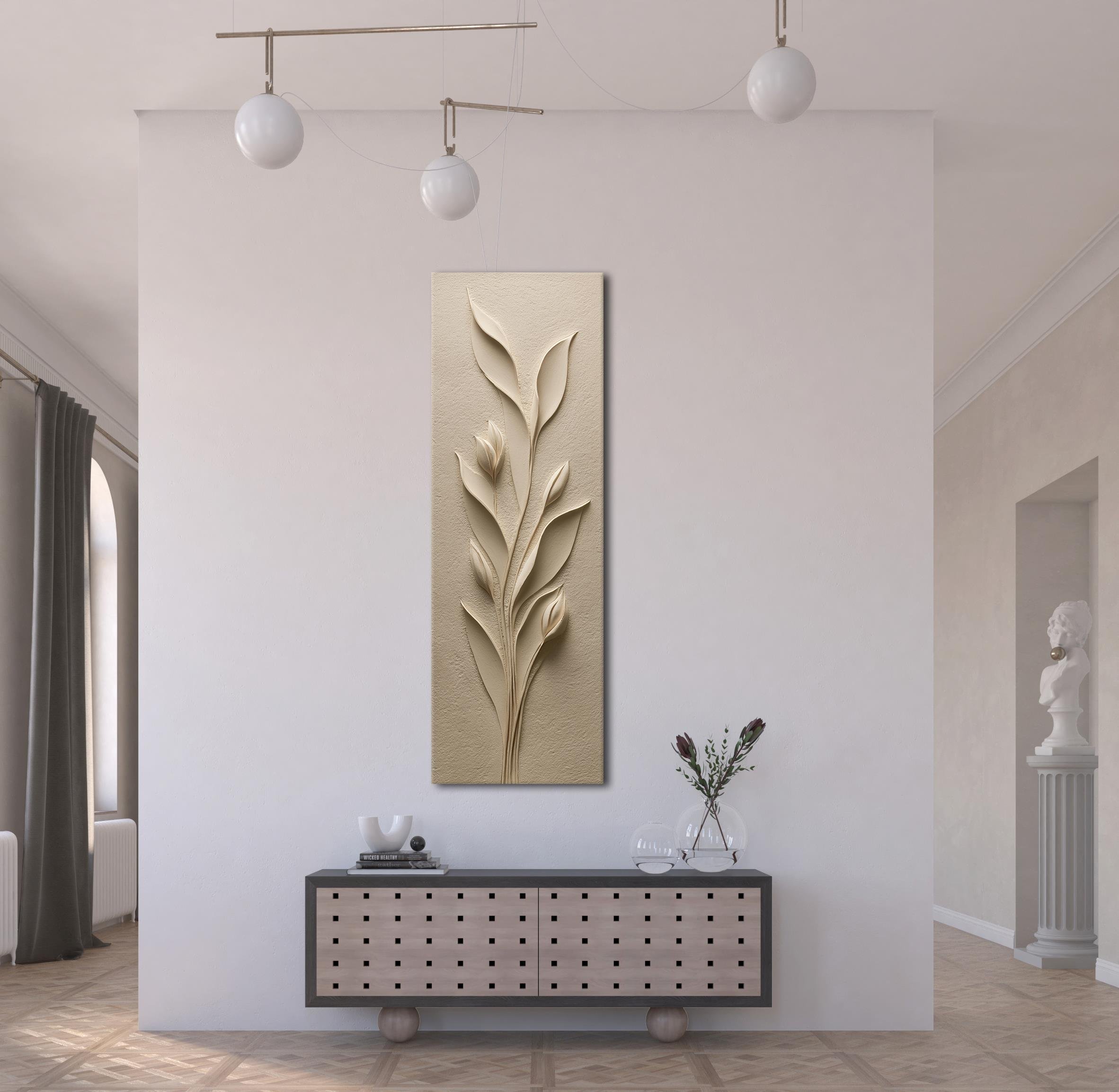 Kabartma Bitki Desenli Bej Kanvas Tablo, Doğal Tonlarda Minimalist Duvar Dekoru