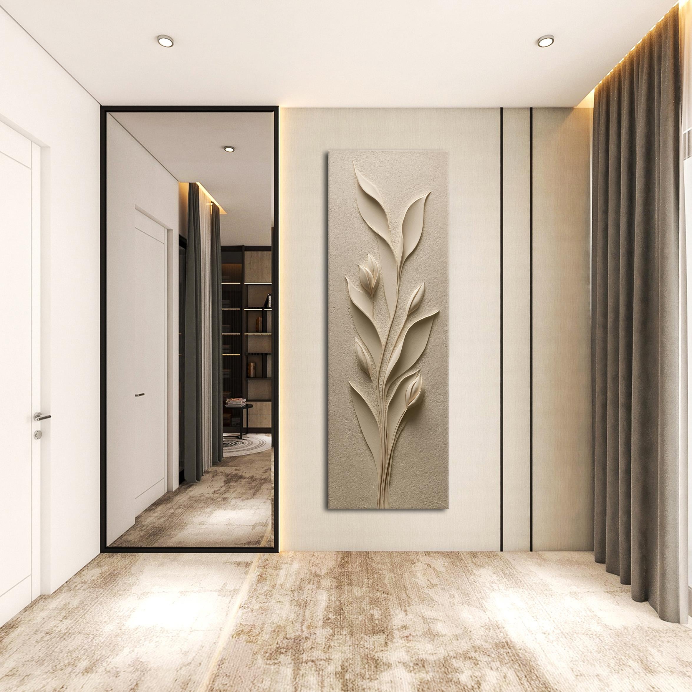 Kabartma Bitki Desenli Bej Kanvas Tablo, Doğal Tonlarda Minimalist Duvar Dekoru