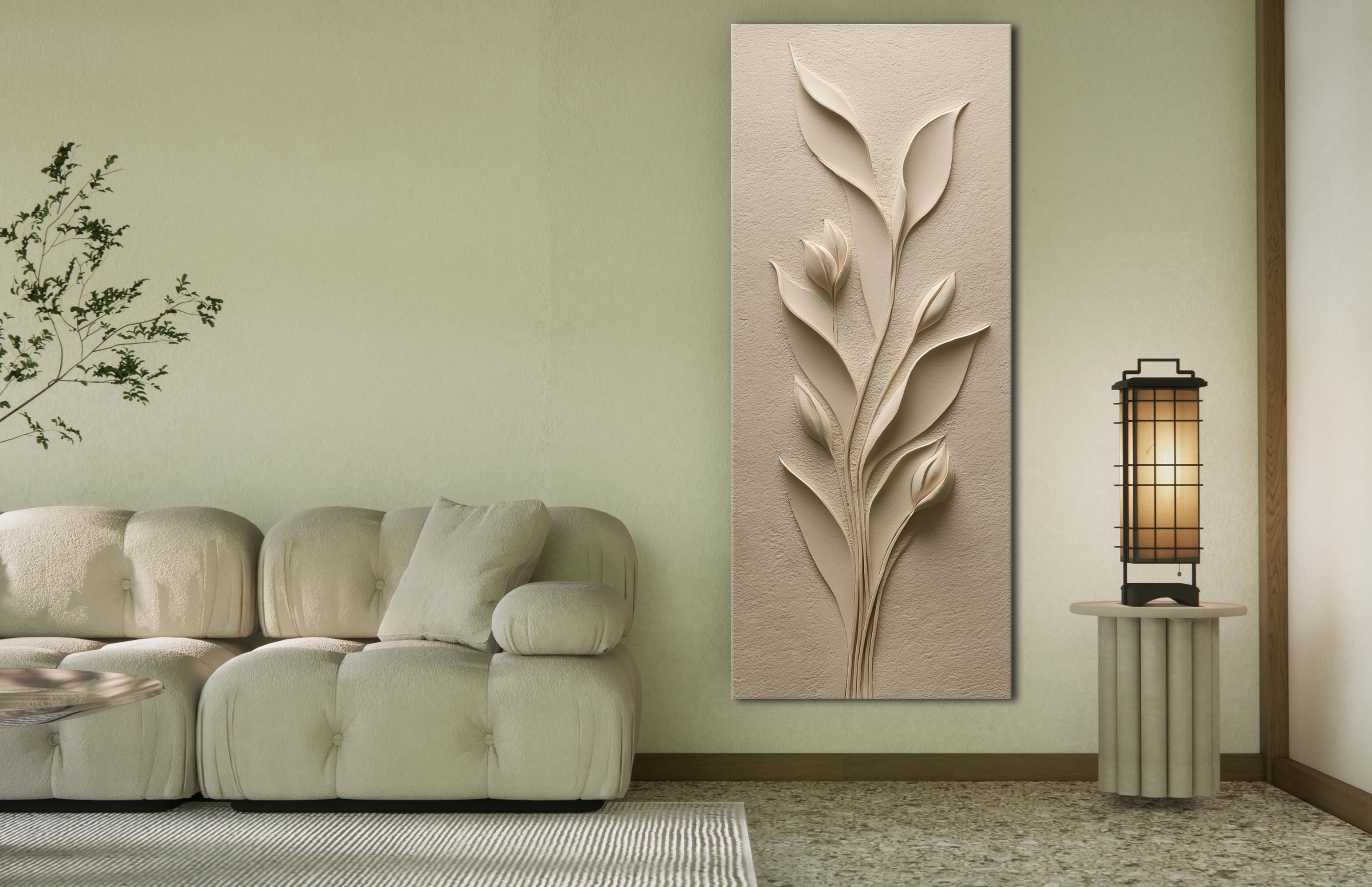 Kabartma Bitki Desenli Bej Kanvas Tablo, Doğal Tonlarda Minimalist Duvar Dekoru