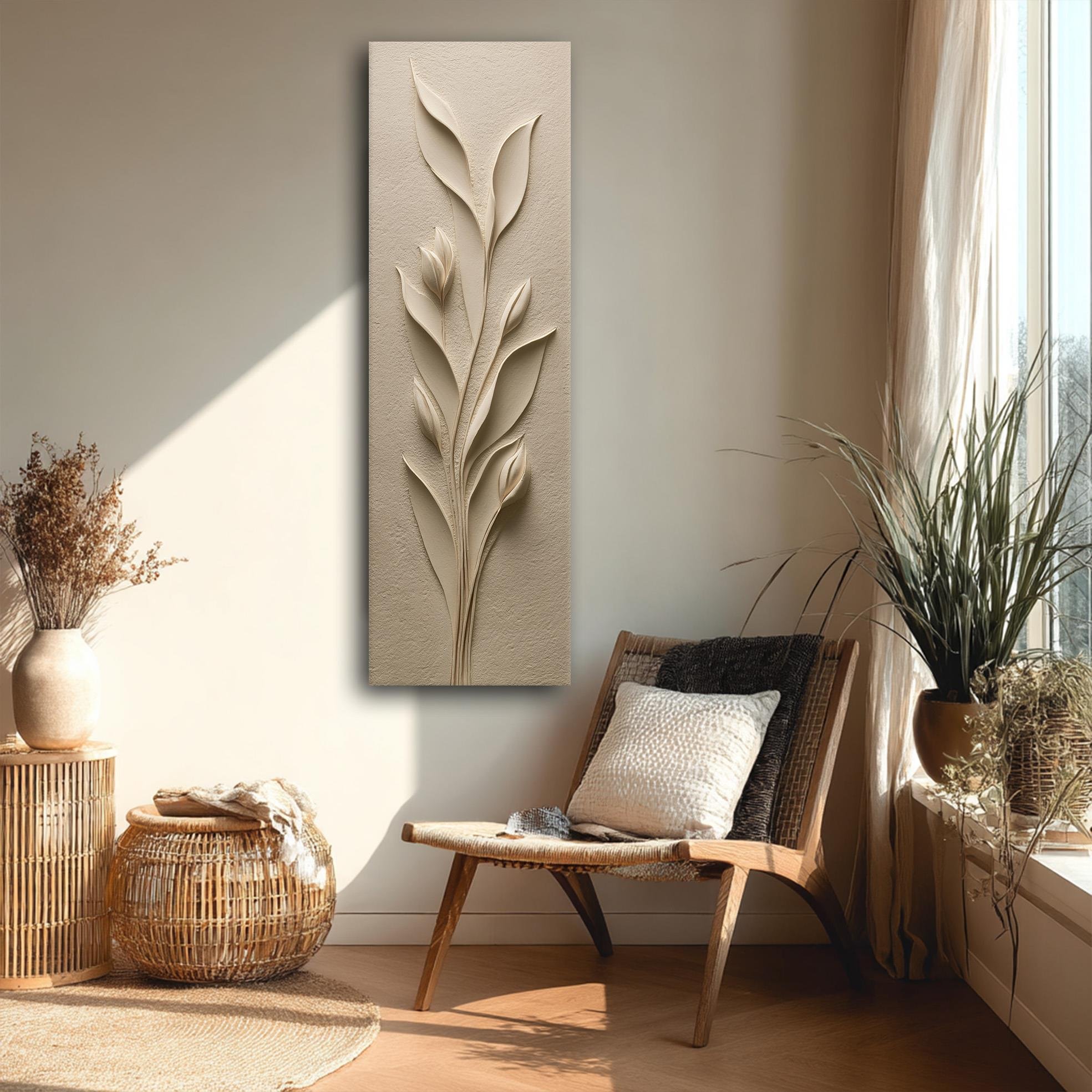 Kabartma Bitki Desenli Bej Kanvas Tablo, Doğal Tonlarda Minimalist Duvar Dekoru