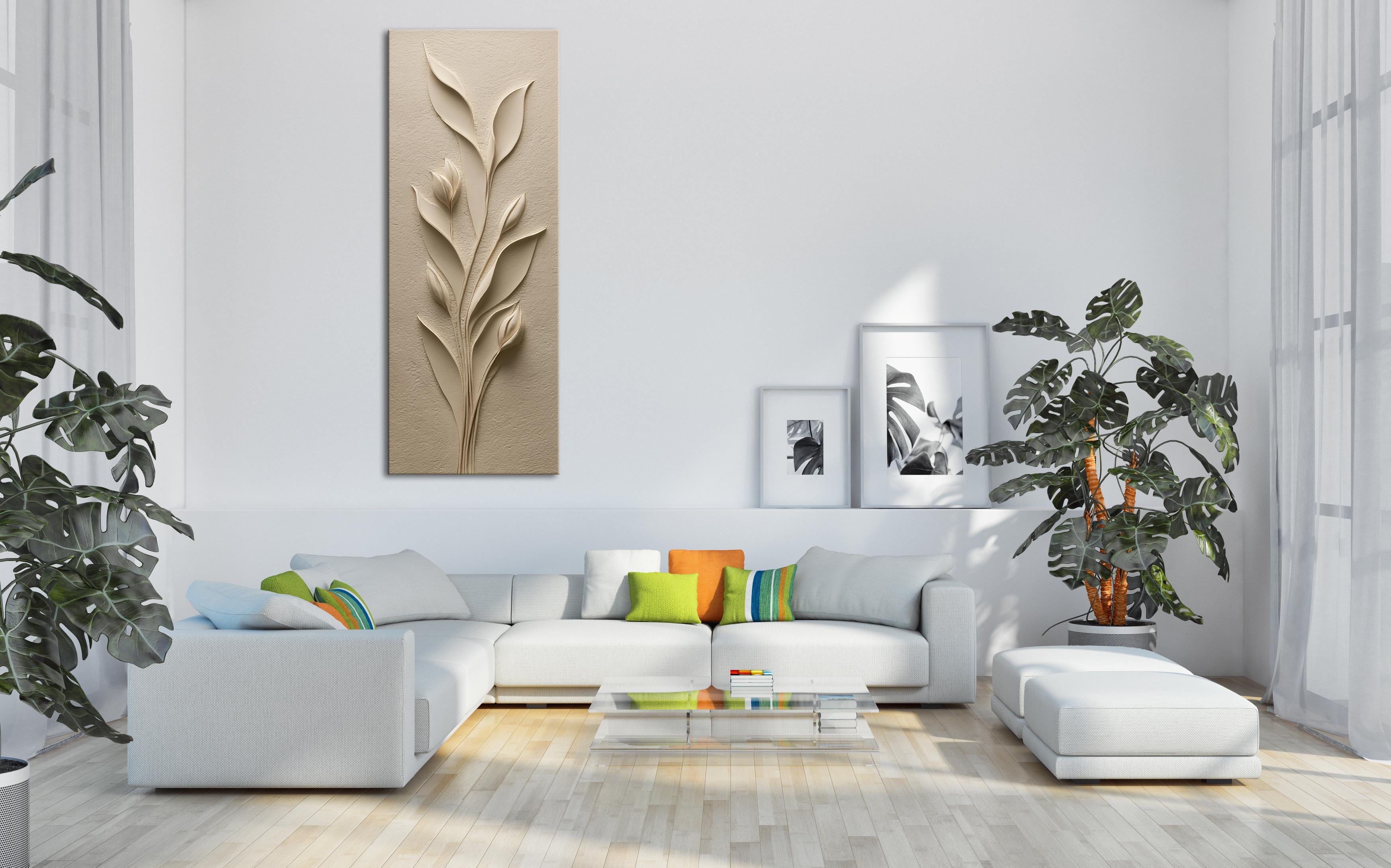 Kabartma Bitki Desenli Bej Kanvas Tablo, Doğal Tonlarda Minimalist Duvar Dekoru