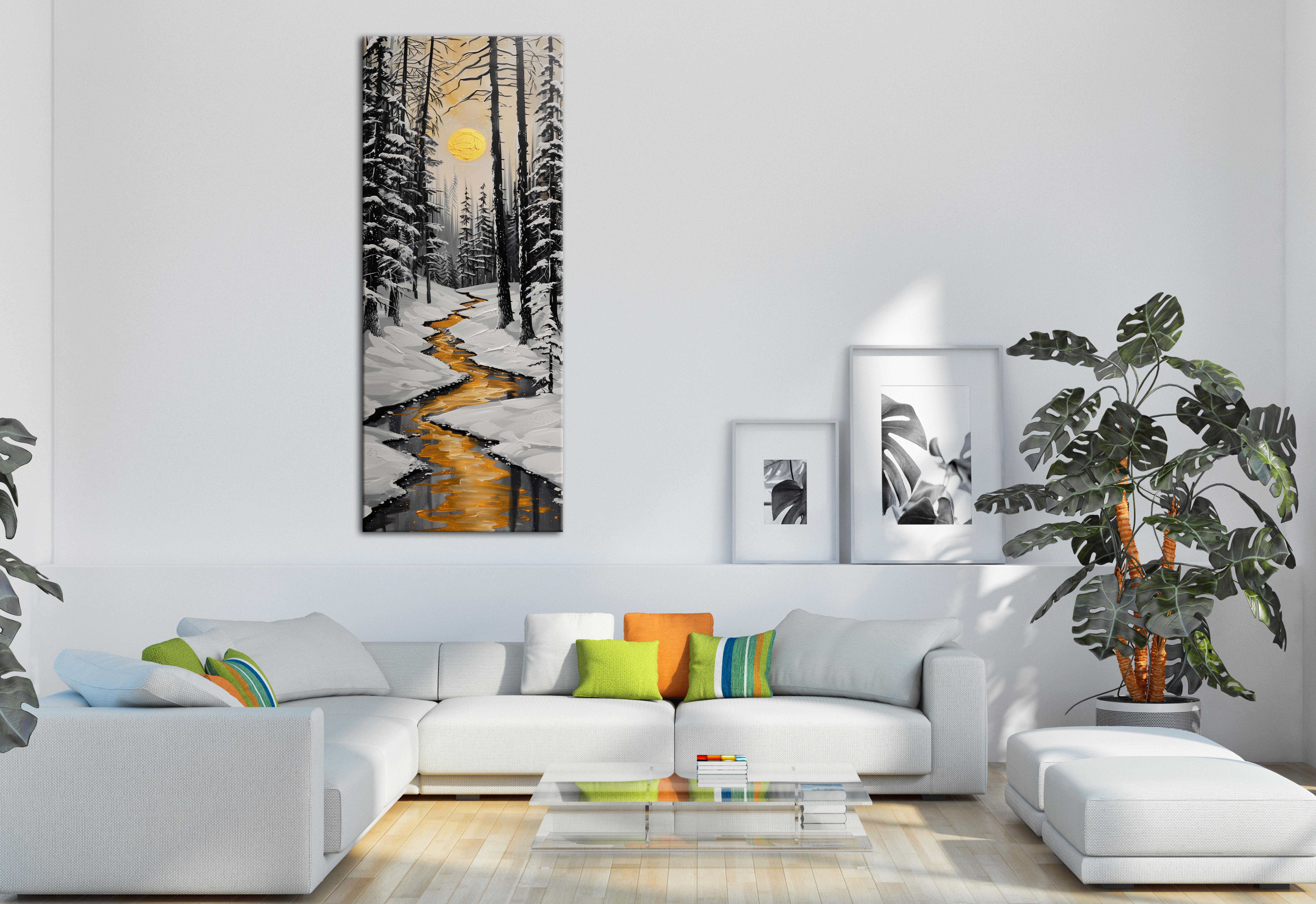 Karlı Orman ve Altın Ay Kanvas Tablo, Kış Manzaralı Doğa Temalı Modern Duvar Dekoru