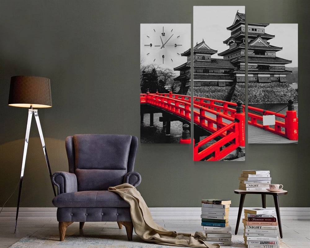 Kırmızı Köprülü Japon Evleri Gri Renkli Kanvas Tablo