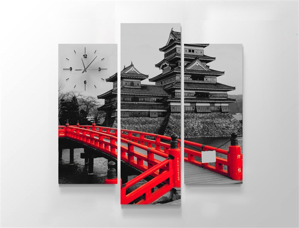 Kırmızı Köprülü Japon Evleri Gri Renkli Kanvas Tablo