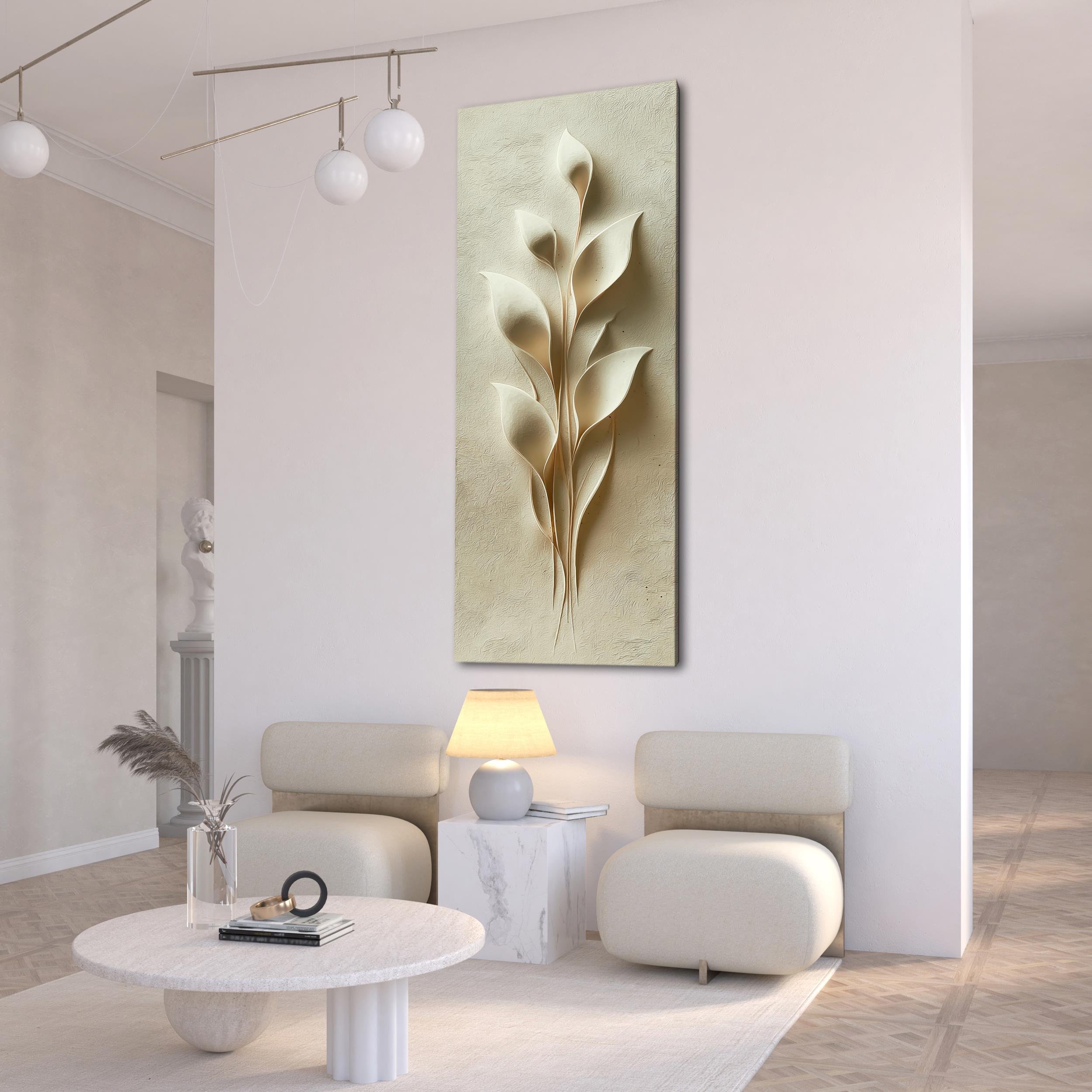 Krem Renkli Yaprak Desenli Kabartma Kanvas Tablo, Minimalist Duvar Dekoru, Zarif Doğal Sanat Eseri