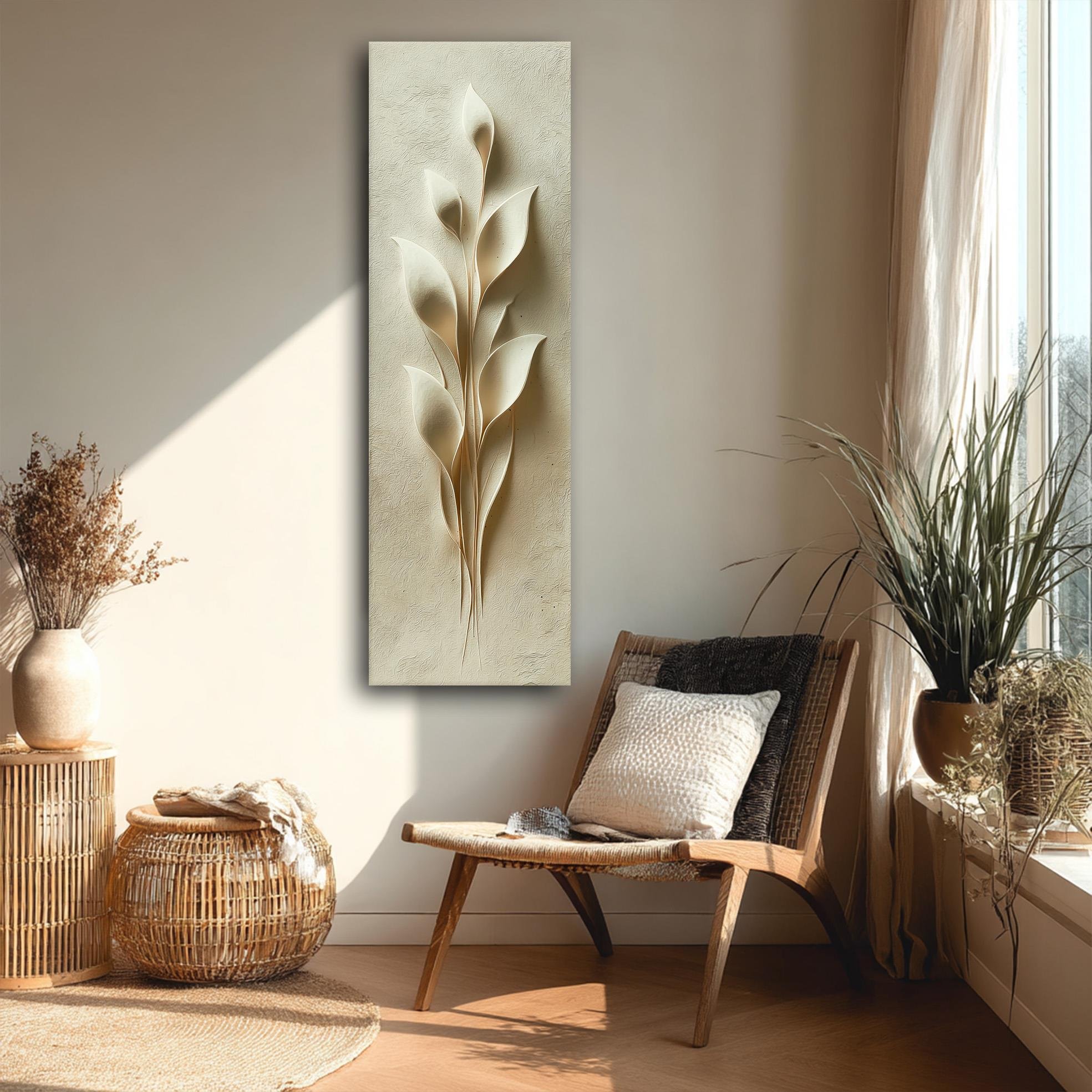 Krem Renkli Yaprak Desenli Kabartma Kanvas Tablo, Minimalist Duvar Dekoru, Zarif Doğal Sanat Eseri