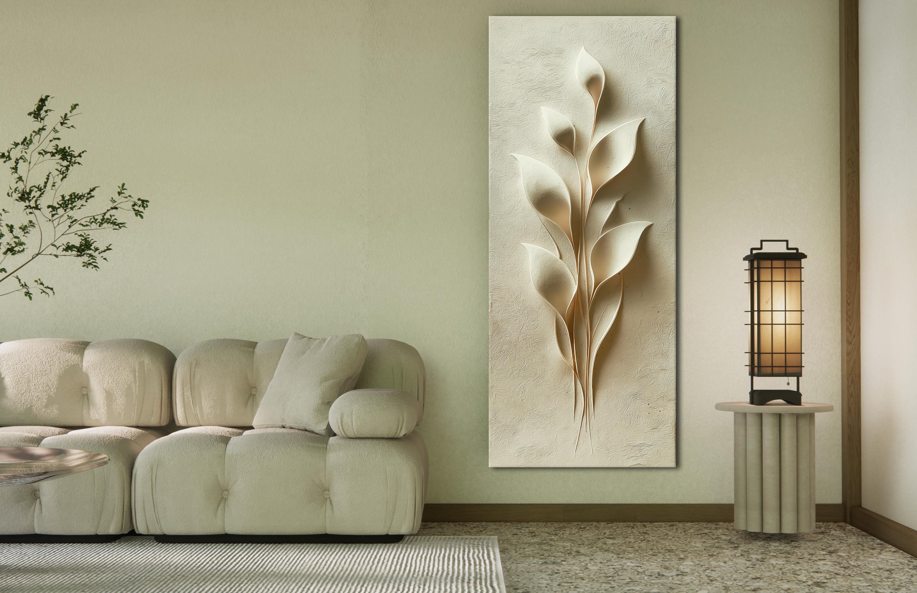 Krem Renkli Yaprak Desenli Kabartma Kanvas Tablo, Minimalist Duvar Dekoru, Zarif Doğal Sanat Eseri