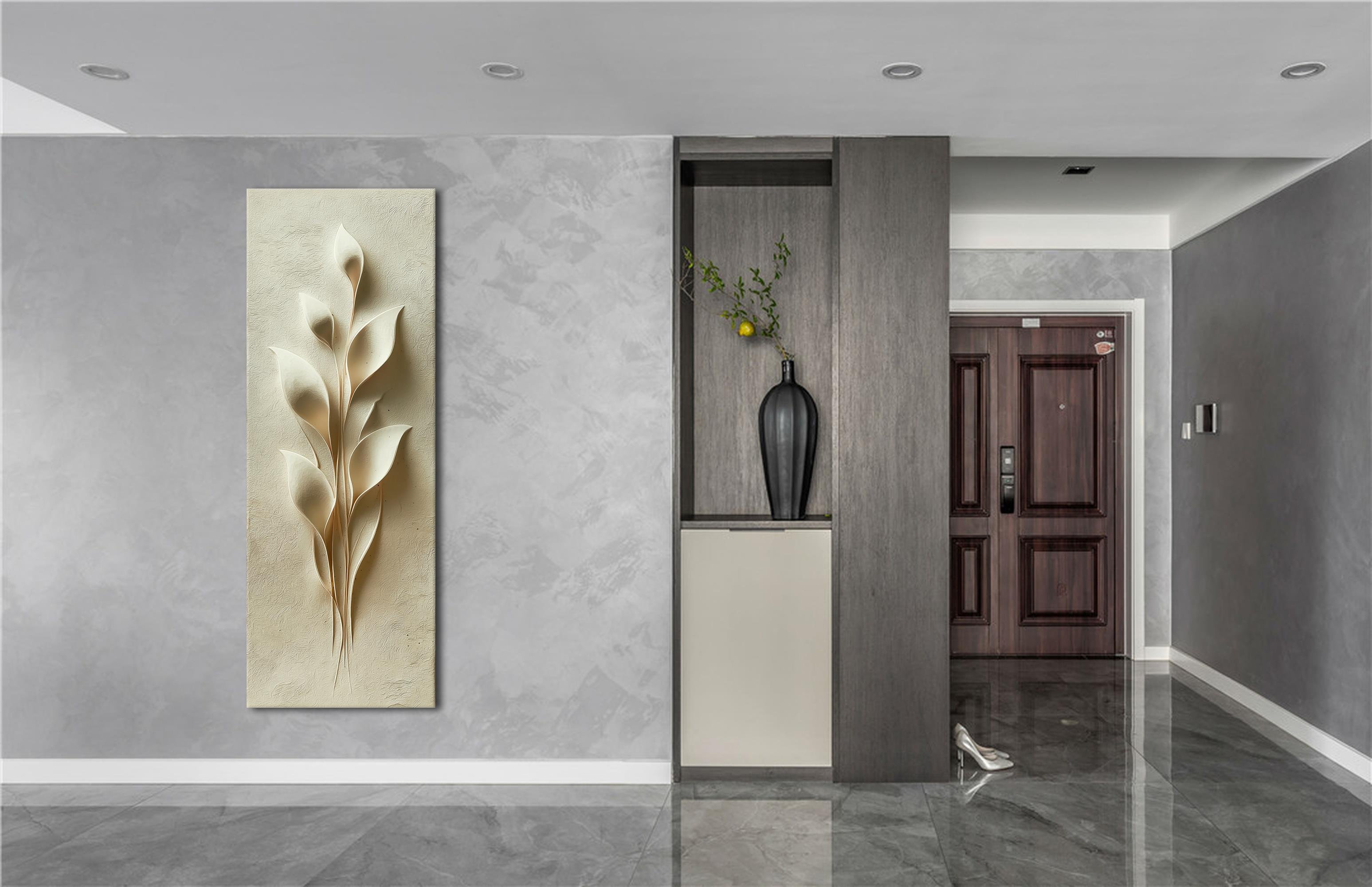 Krem Renkli Yaprak Desenli Kabartma Kanvas Tablo, Minimalist Duvar Dekoru, Zarif Doğal Sanat Eseri