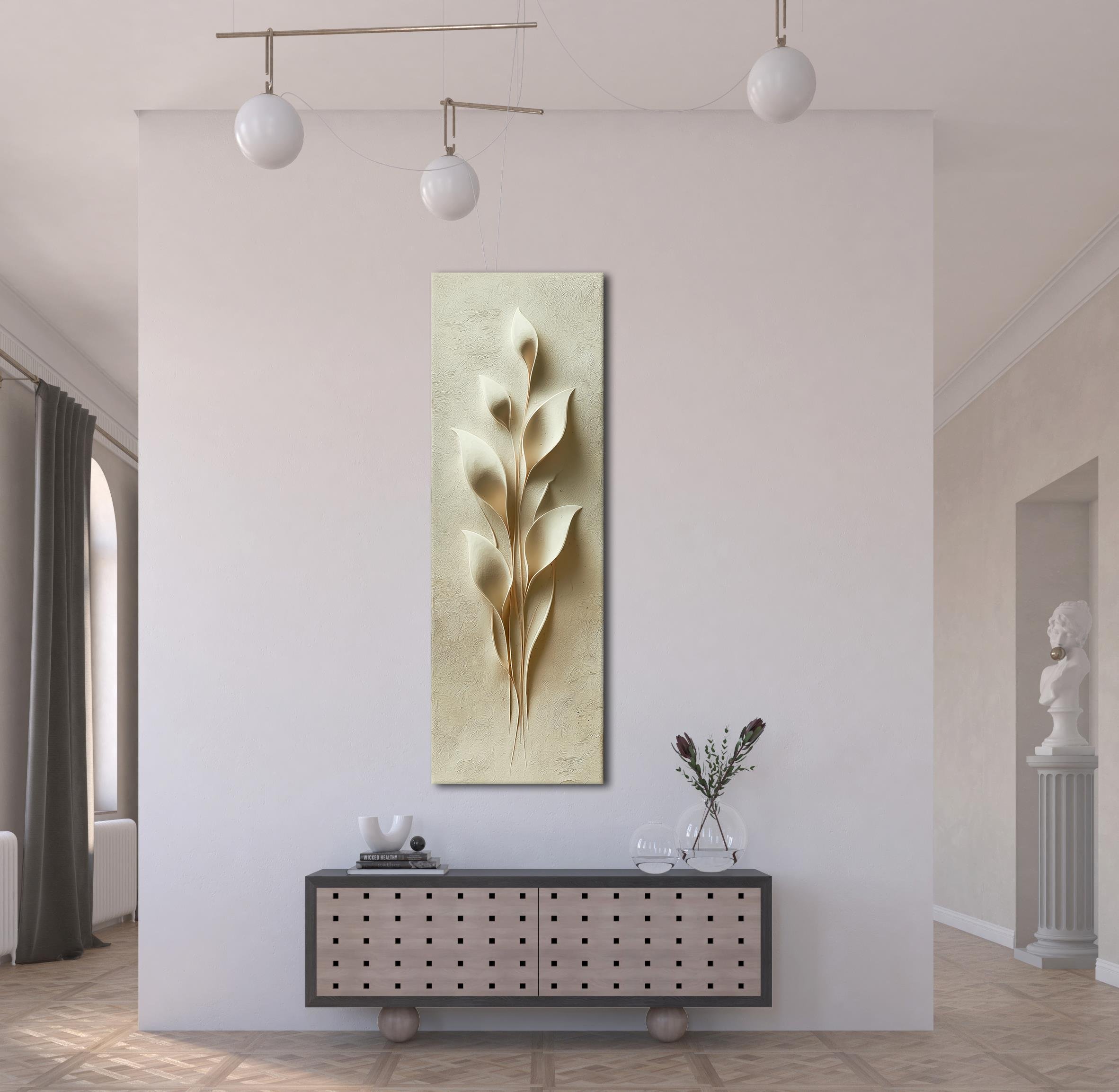 Krem Renkli Yaprak Desenli Kabartma Kanvas Tablo, Minimalist Duvar Dekoru, Zarif Doğal Sanat Eseri