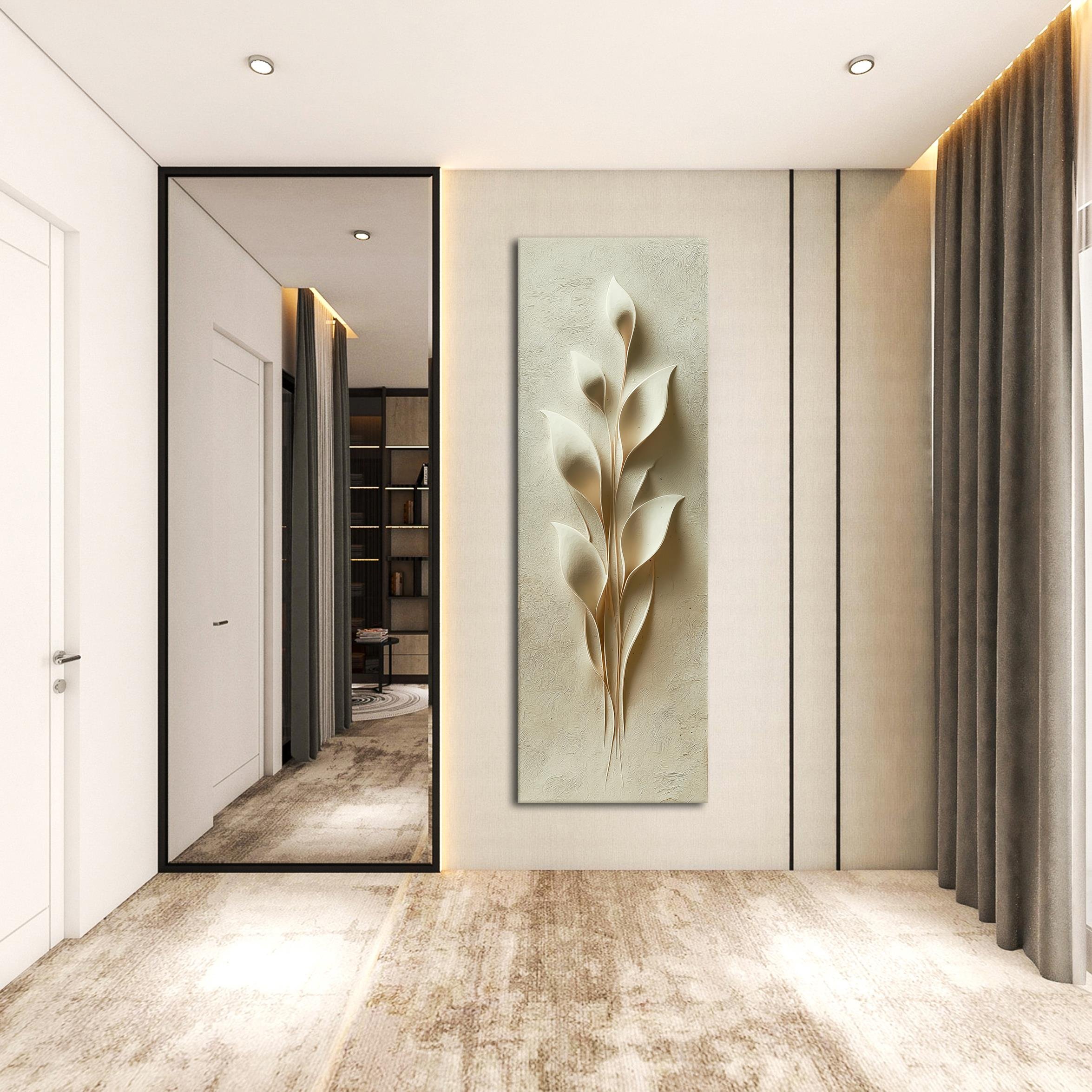 Krem Renkli Yaprak Desenli Kabartma Kanvas Tablo, Minimalist Duvar Dekoru, Zarif Doğal Sanat Eseri
