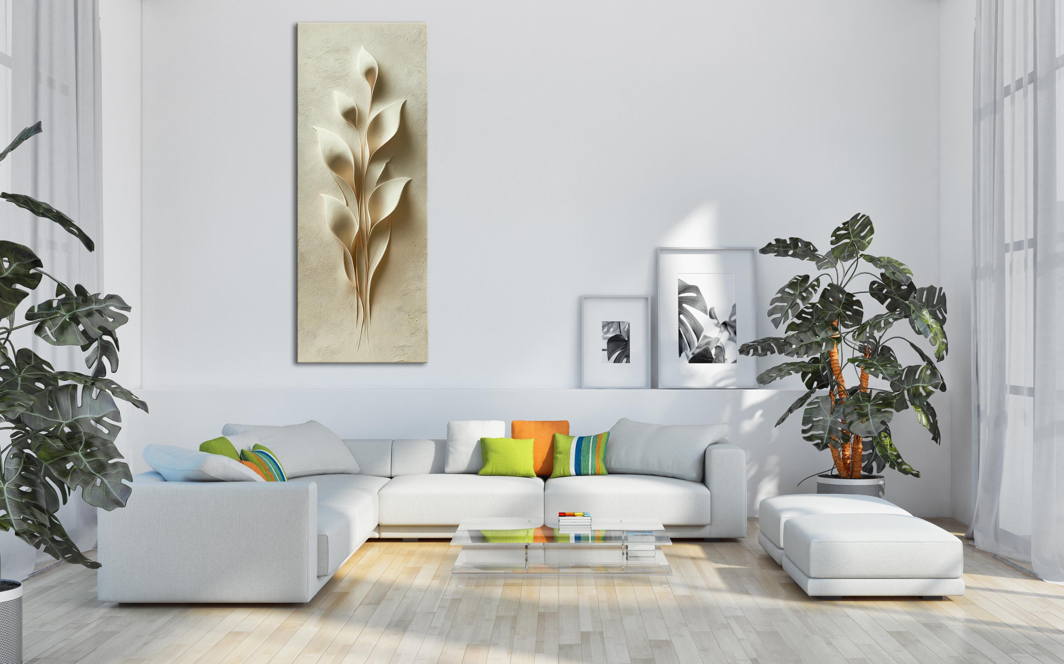 Krem Renkli Yaprak Desenli Kabartma Kanvas Tablo, Minimalist Duvar Dekoru, Zarif Doğal Sanat Eseri