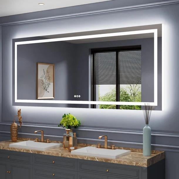 LED Dikdörtgen Banyo Aynası, Ön ve Arka Aydınlatmalı Makyaj Aynası, Ev Dekorasyonu, Kısılabilir Dokunmatik Düğme ve Buğu Önleyici (İsteğe Bağlı/İsteğe Bağlı) Fonksiyonlu Makyaj Aynası, Duvara Monte Akıllı Tıraş Aynası, Çoklu Işık Seçeneği