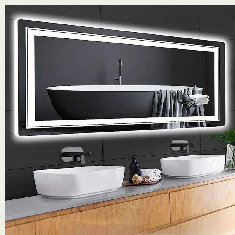 LED Dikdörtgen Banyo Aynası, Ön ve Arka Aydınlatmalı Makyaj Aynası, Ev Dekorasyonu, Kısılabilir Dokunmatik Düğme ve Buğu Önleyici (İsteğe Bağlı/İsteğe Bağlı) Fonksiyonlu Makyaj Aynası, Duvara Monte Akıllı Tıraş Aynası, Çoklu Işık Seçeneği