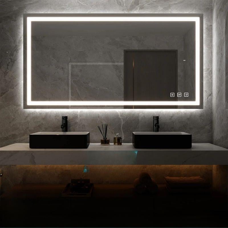 LED Dikdörtgen Banyo Aynası, Ön ve Arka Aydınlatmalı Makyaj Aynası, Ev Dekorasyonu, Kısılabilir Dokunmatik Düğme ve Buğu Önleyici (İsteğe Bağlı/İsteğe Bağlı) Fonksiyonlu Makyaj Aynası, Duvara Monte Akıllı Tıraş Aynası, Çoklu Işık Seçeneği