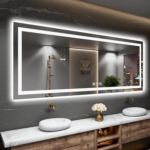 LED Dikdörtgen Banyo Aynası, Ön ve Arka Aydınlatmalı Makyaj Aynası, Ev Dekorasyonu, Kısılabilir Dokunmatik Düğme ve Buğu Önleyici (İsteğe Bağlı/İsteğe Bağlı) Fonksiyonlu Makyaj Aynası, Duvara Monte Akıllı Tıraş Aynası, Çoklu Işık Seçeneği