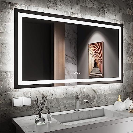 LED Dikdörtgen Banyo Aynası, Ön ve Arka Aydınlatmalı Makyaj Aynası, Ev Dekorasyonu, Kısılabilir Dokunmatik Düğme ve Buğu Önleyici (İsteğe Bağlı/İsteğe Bağlı) Fonksiyonlu Makyaj Aynası, Duvara Monte Akıllı Tıraş Aynası, Çoklu Işık Seçeneği