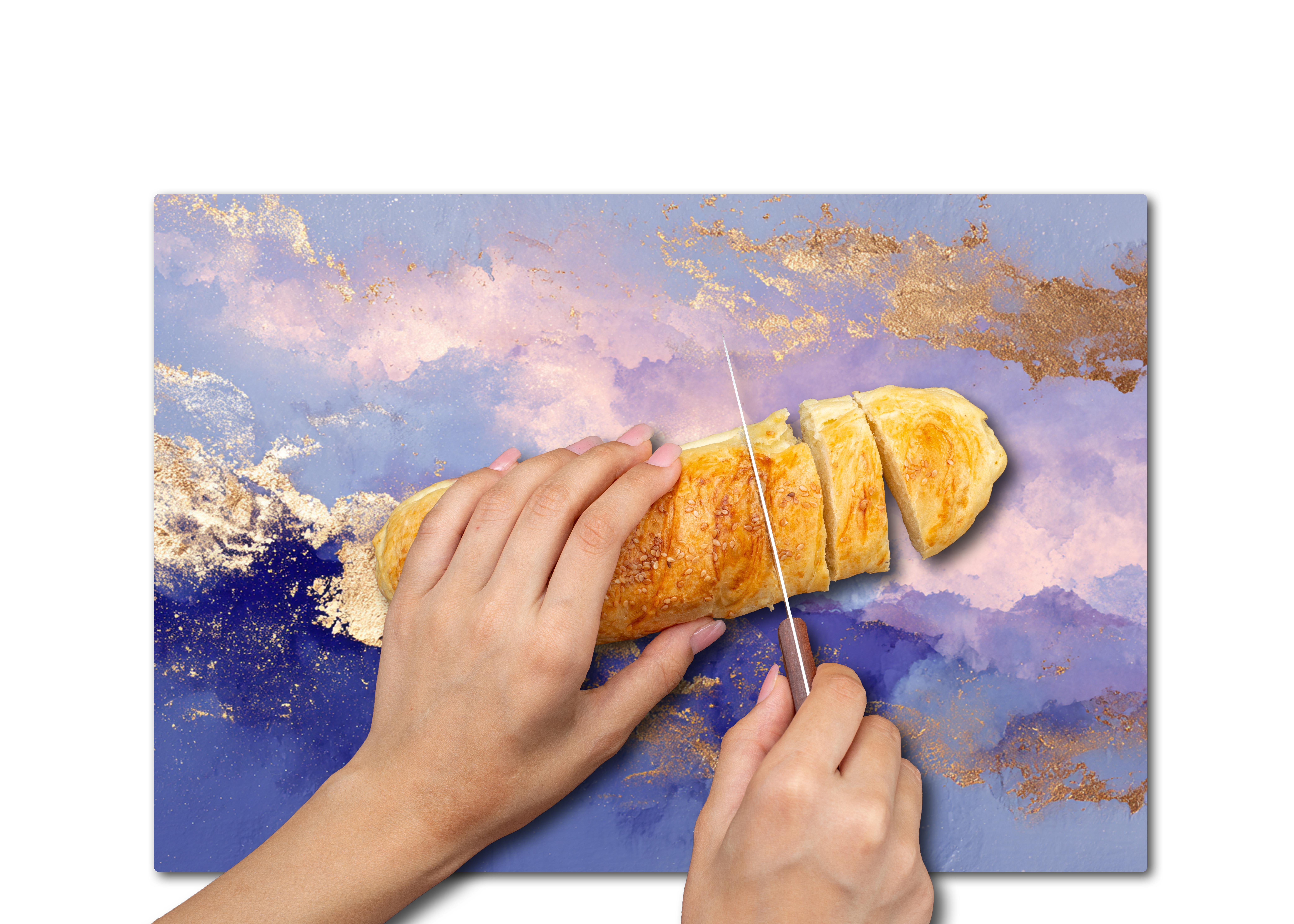 Lila Mavi Altın Desenli Temperli Cam Kesme Tahtası 20x30 cm | Hijyenik ve Dayanıklı Mutfak Aksesuarı
