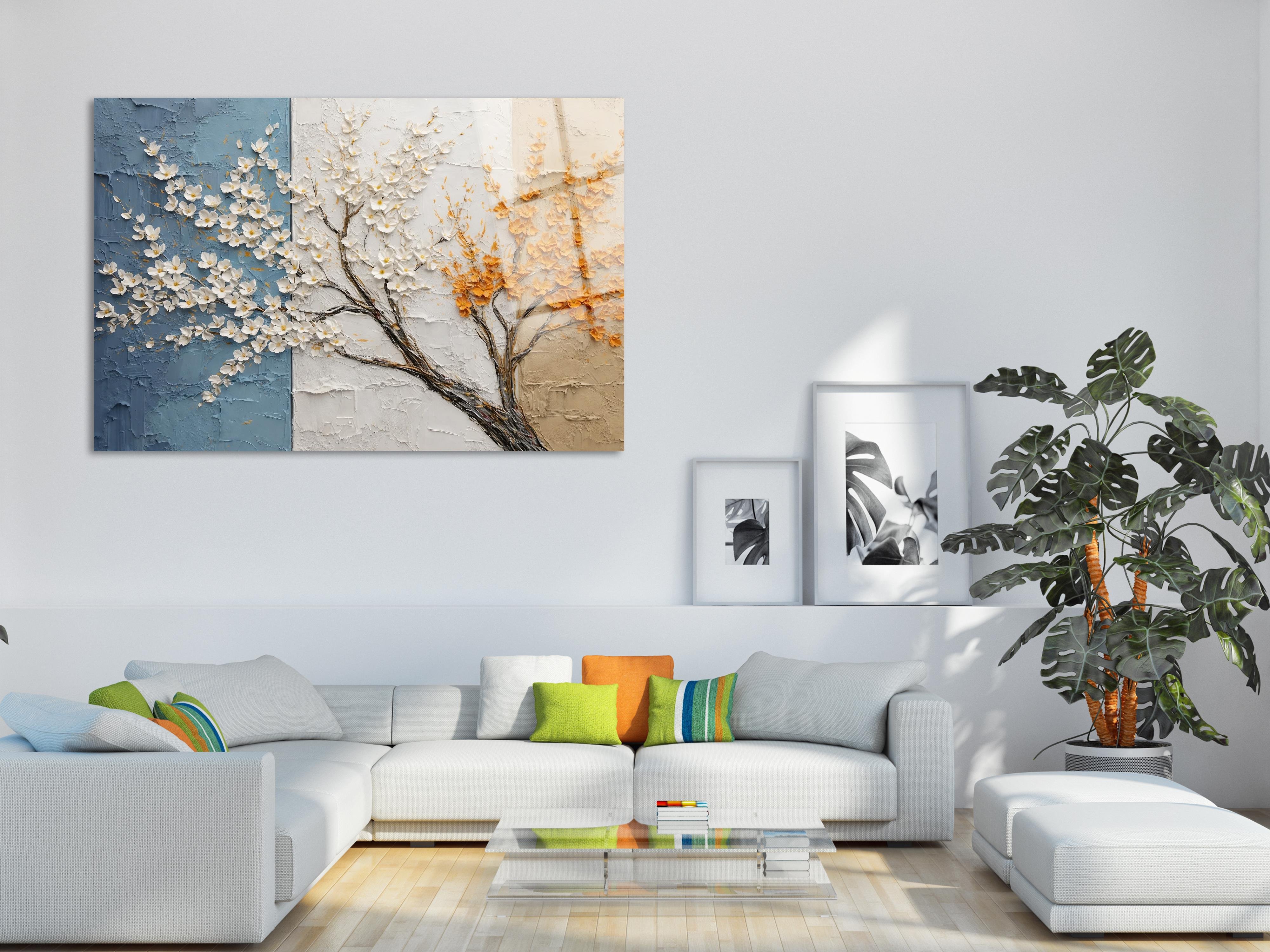 Mevsim Geçişli Çiçekli Ağaç Yatay Dekoratif Tablo | Modern ve Sanatsal Duvar Dekoru