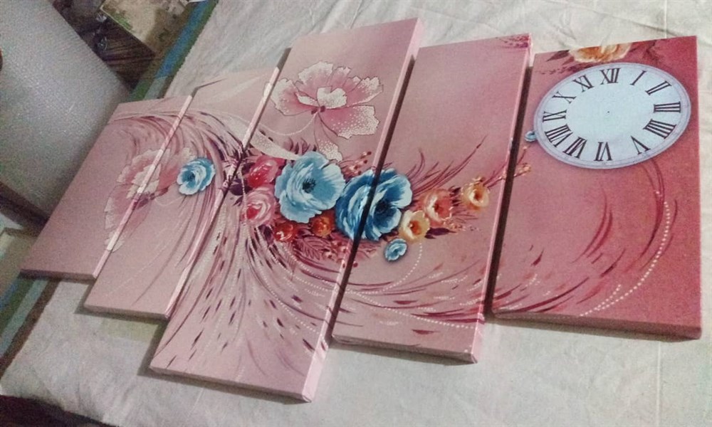 Modern Pembe Mavi Çiçek Desenli Saatli Kanvas Tablo