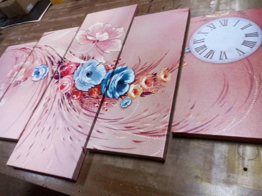 Modern Pembe Mavi Çiçek Desenli Saatli Kanvas Tablo