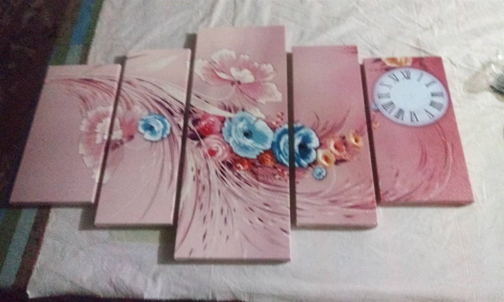 Modern Pembe Mavi Çiçek Desenli Saatli Kanvas Tablo