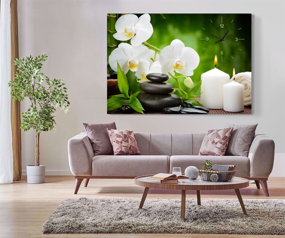 Orkide Çiçeği Mum ve Spa Taşları Saatli Kanvas Tablo 