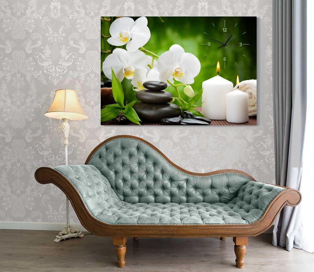 Orkide Çiçeği Mum ve Spa Taşları Saatli Kanvas Tablo 