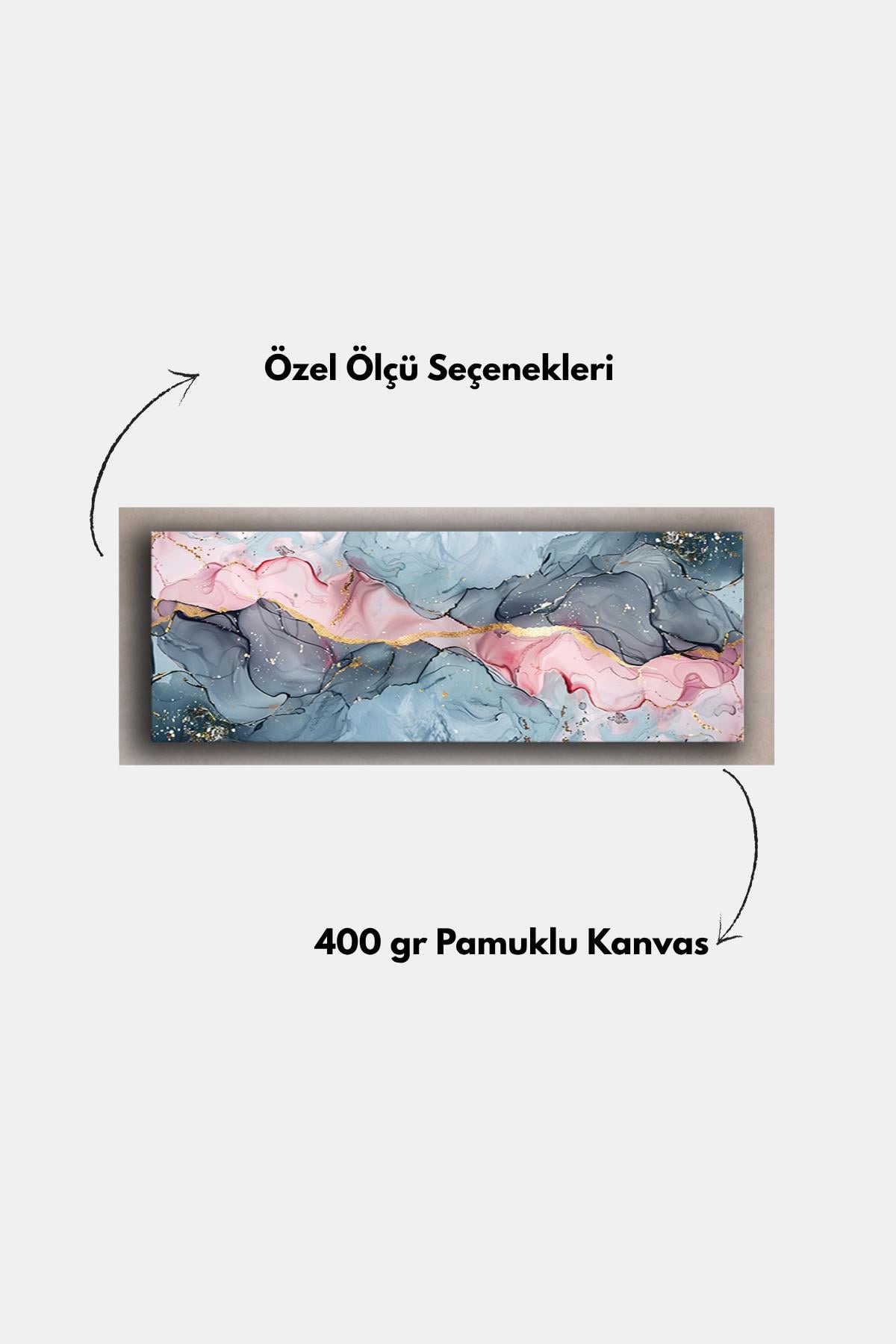 Panoramik Kanvas Tablo Soyut Mermer Efektli Pudra&Mavi Çerçeveli Dekoratif Duvara Hazır