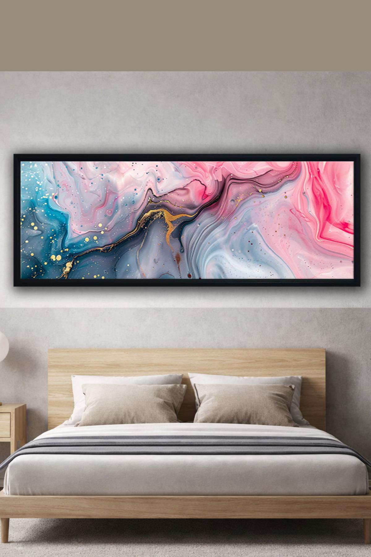 Panoramik Tablo Soyut Laciver Pembe Geçişli Çerçeveli Dekoratif Duvara Hazır